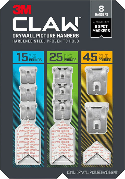 CLAW 3PH45M-4ESF Drywall Picture Temporary Spot, Holds 45 Lbs, 4 Hangers, 4 Markers/Pack, 4 Pack, Silver