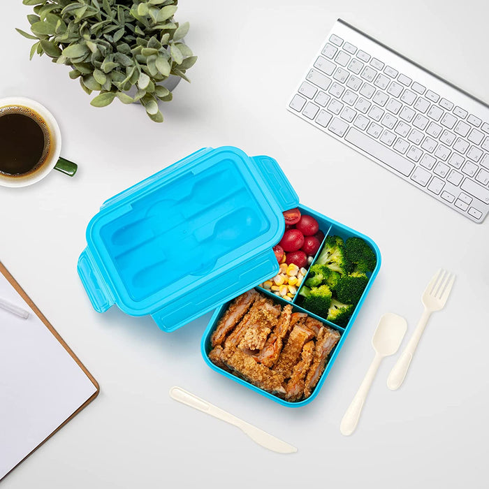 Bento Lunch Box - Leak-Proof 3 Compartment Lunch Containers for Adults and Kids Bpa-Free and Dishwasher Safe Bento Box with Spoon, Fork & Knife(Light Blue)