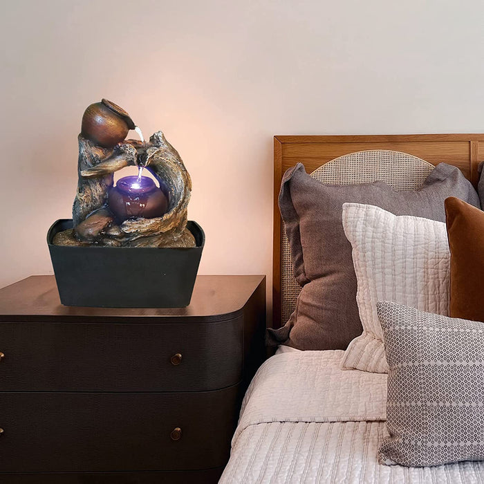 Tabletop Water Fountain Indoor - Tree Trunk with Jar Rustic Fountains Small Feng Shui Zen Waterfall Fountain W/ LED Light & Soothing Sounds for Office Home Desktop Decor (Brown)