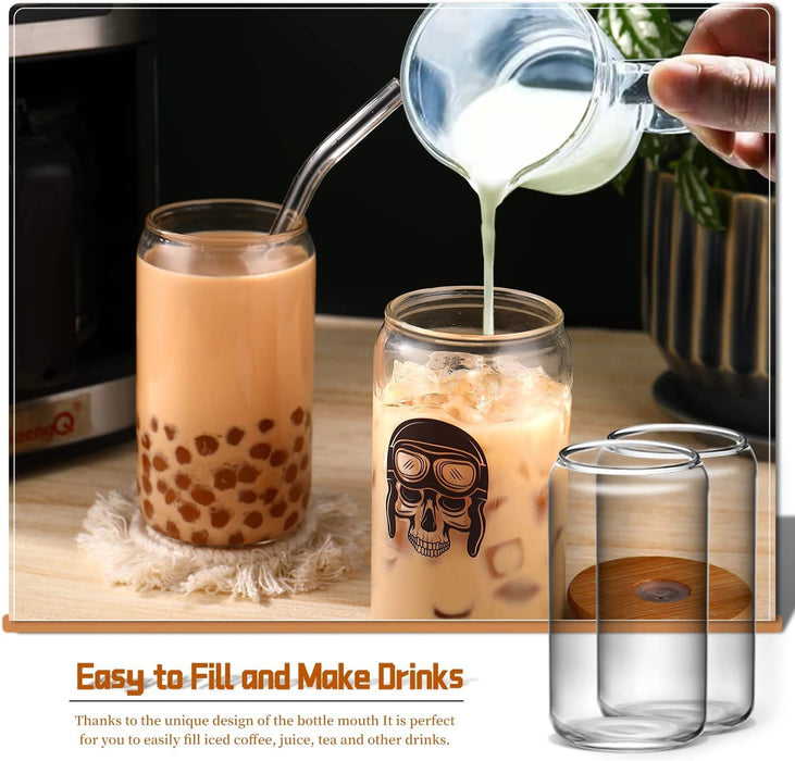 Glass Cups with Lids and Straws 4Pcs Set 16Oz Iced Coffee Cups,Glass Coffee Cups with Lids and Straw,Beer Can Glass with Lids and Straw