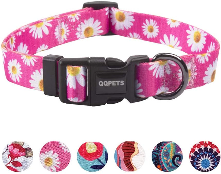 QQPETS Adjustable Soft Dog Collar: Print Flower Pink Multicolor Cute Patterns for XS Small Medium Large Pet Girl Boy Puppy Walking Running Training (M, Bone)