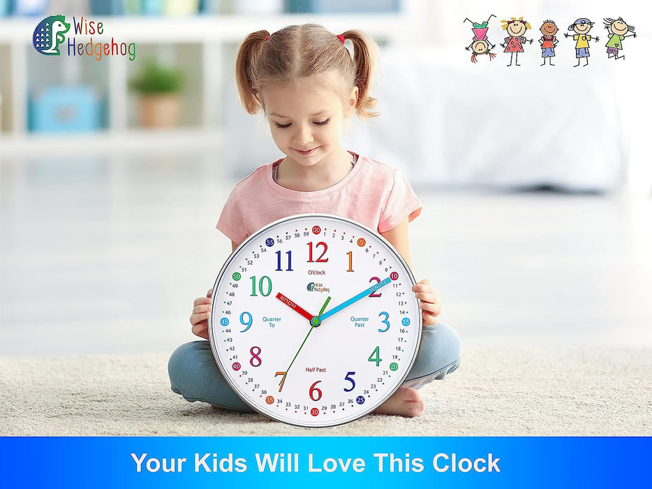 Telling Time Teaching Clock, Silent Non Ticking Analog Battery Operated Learning Clock for Kids, Perfect Room & Wall Decor for School Classrooms, Playrooms and Kids Bedrooms
