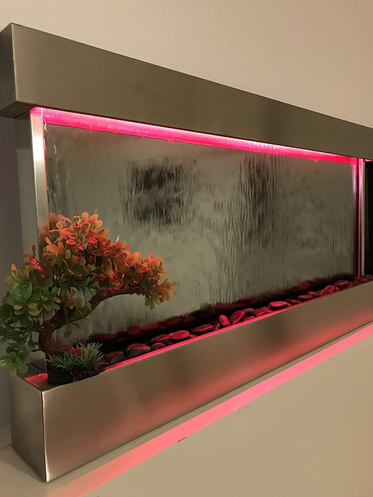 Wall Hanging Waterfall XL 47” Wide X 24” Tall Wall Fountain St. Steel Frame, Color Lights, Remote Ctrl