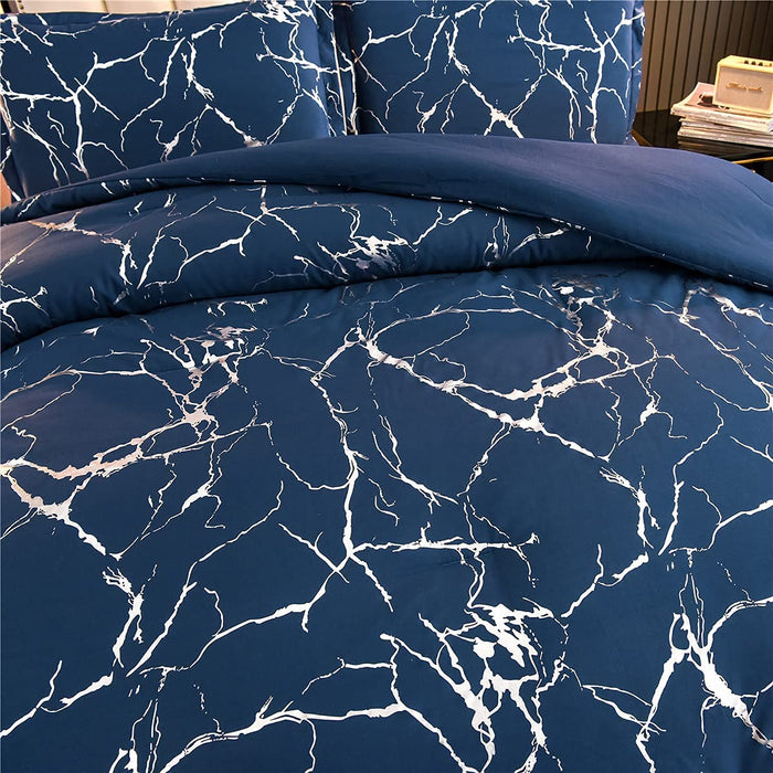 Silver Metallic Marble Comforter Set Queen Size Foil Print Glitter Bedding Set, Navy Blue/Silver