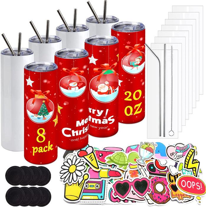 1 Pack 20 Oz Sublimation Tumbler Skinny Straight Double Walled Stainless Steel Blank Tumbler Bulk with Lid, Shrink Wrap, Rubber Base