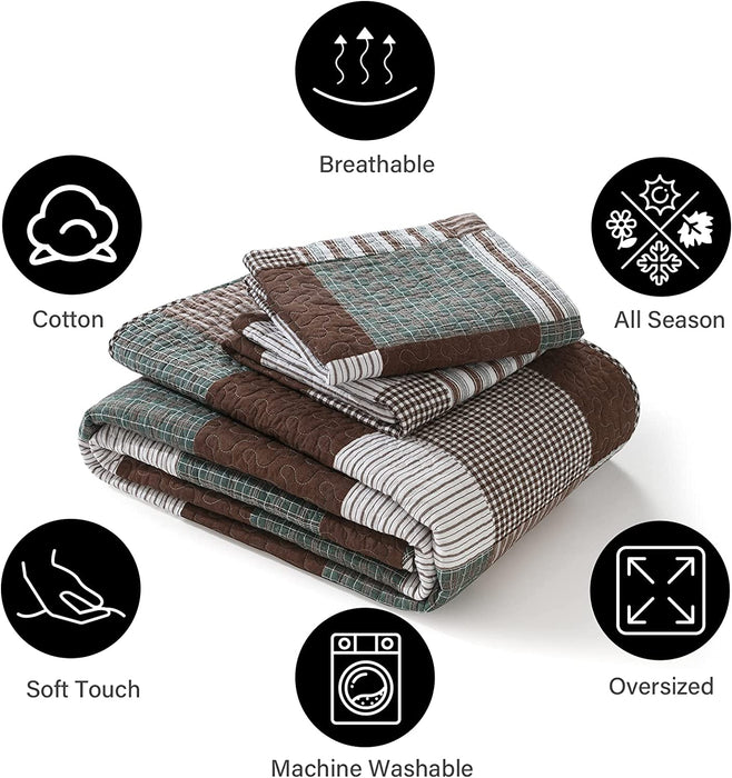 100% Cotton Quilt Set Queen Size, Patchwork Plaid Queen Quilt Bedding Set Bedspreads, Farmhouse Lightweight Comforter Reversible Quilt, Brown/Green Bed Spread for Queen Bed, 3 Pieces