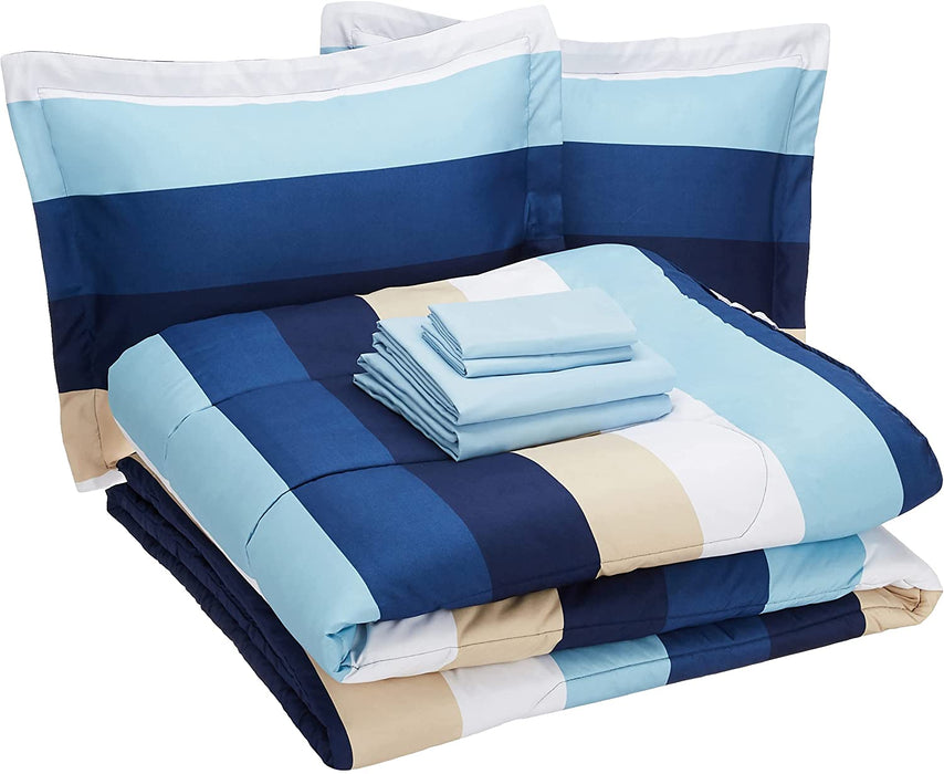 7-Piece Lightweight Microfiber Bed-In-A-Bag Comforter Bedding Set - Full/Queen, Blue Stripe