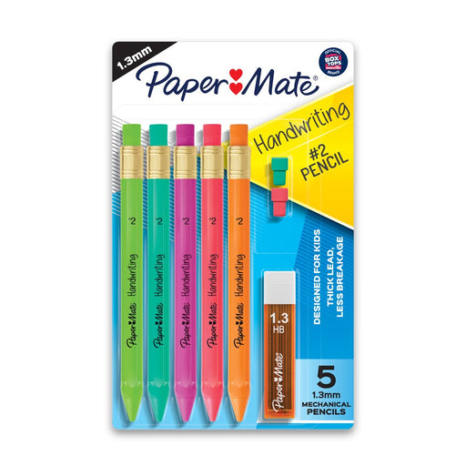 Handwriting Triangular Mechanical Pencils, HB #2 Lead (1.3Mm), Fun Barrel Colors, 5 Pencils, 1 Lead Refill Set, 2 Erasers