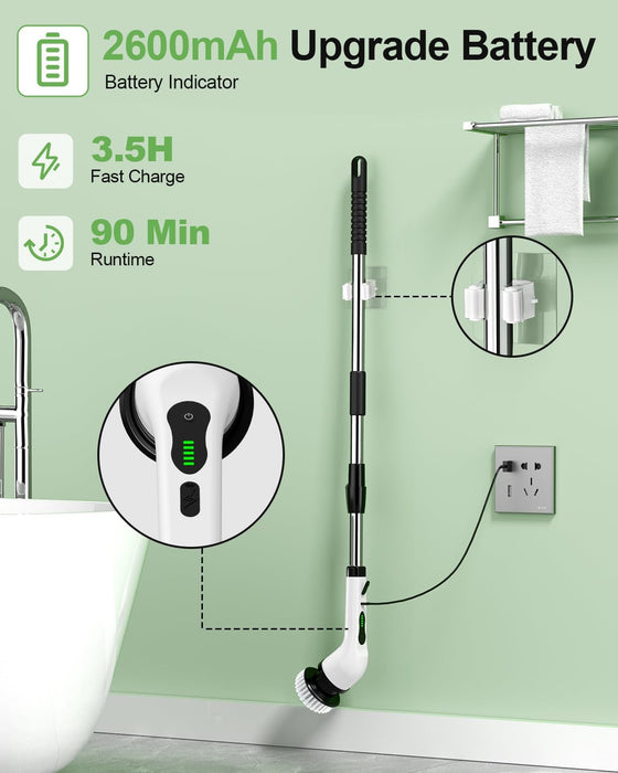 Electric Spin Scrubber, Cordless Cleaning Brush with 9 Replaceable Brush Heads, 1.5H Power Dual Speed, Shower Scrubber with Extension Handle for Bathroom Tub Tile Floor Car