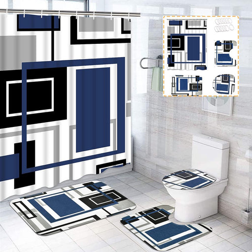 Blue Black Geometric Pattern Polyester Shower Curtain and Rug Sets Bathroom Decor Set, Waterproof Shower Curtain with 12 Hooks and Toilet Rugs