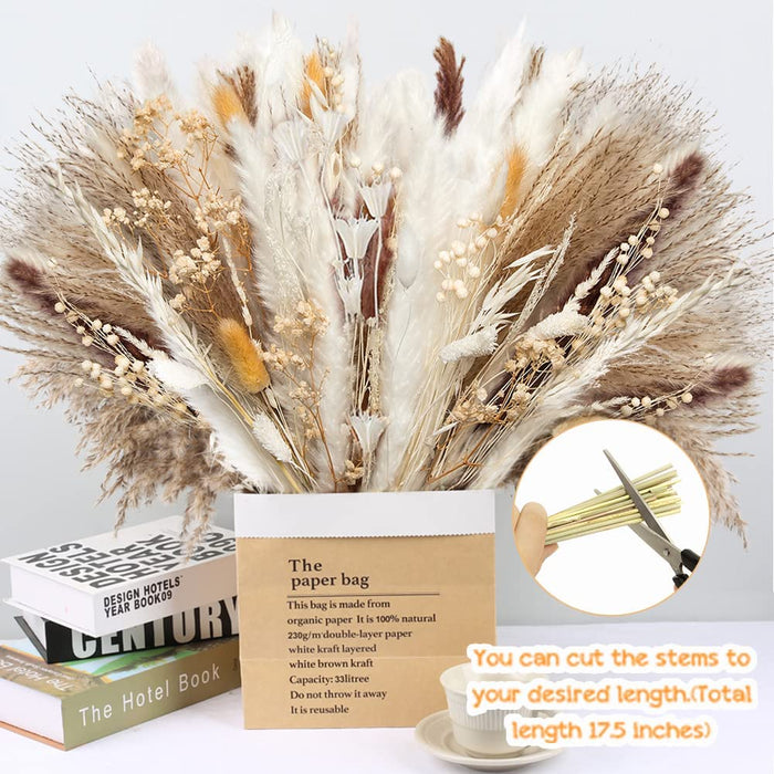 120 Pcs Dried Pampas Grass Dried Flowers Bouquet Natural Pampas Grass Decor White & Brown Pompous Grass Bunny Tails Reed for Farmhouse Rustic Party Wedding Boho Home Decorations, 17.5''