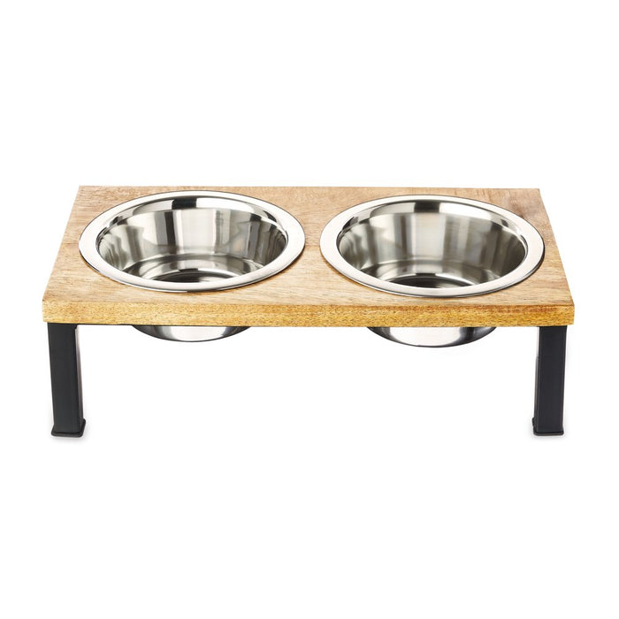 Elevated Stainless Steel Dog Bowls, Wood Finish, Medium