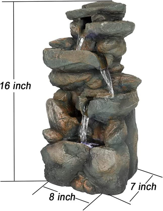 Rockery Tabletop Fountain - 16 H”5-Tier Resin Crafted Stacked Rockery Waterfall Fountain with Light&Cascading Water Stream for Indoor Outdoor, Relaxation Water Feature with Submersible Pump
