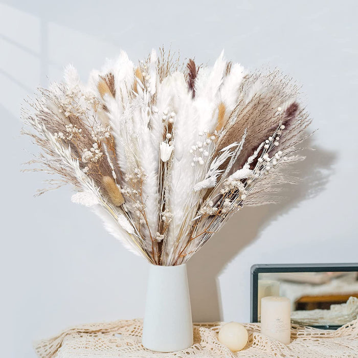 120 Pcs Dried Pampas Grass Dried Flowers Bouquet Natural Pampas Grass Decor White & Brown Pompous Grass Bunny Tails Reed for Farmhouse Rustic Party Wedding Boho Home Decorations, 17.5''