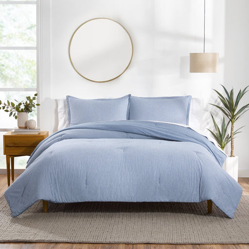 Yarn Dyed Washed Chambray Stripe Reversible Organic Cotton Comforter Set, Full/Queen, Blue, 3-Pieces
