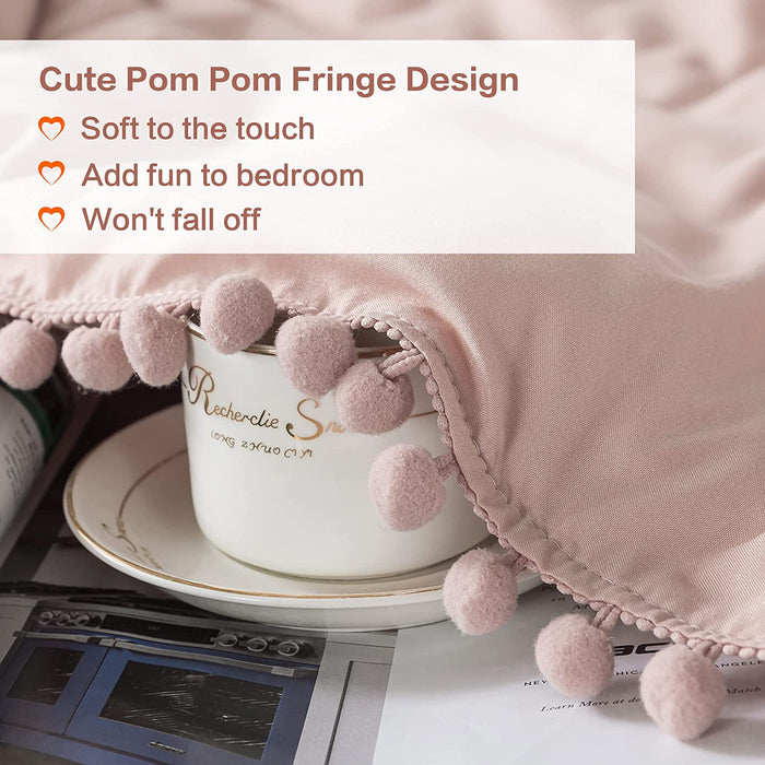 Blush Pom Pom Fringe Comforter Full(79X90 Inch), 3 Pieces(1 Boho Comforter and 2 Pillowcases) Aesthetic Boho Comforter, Lightweight Soft Microfiber down Alternative Bedding Set