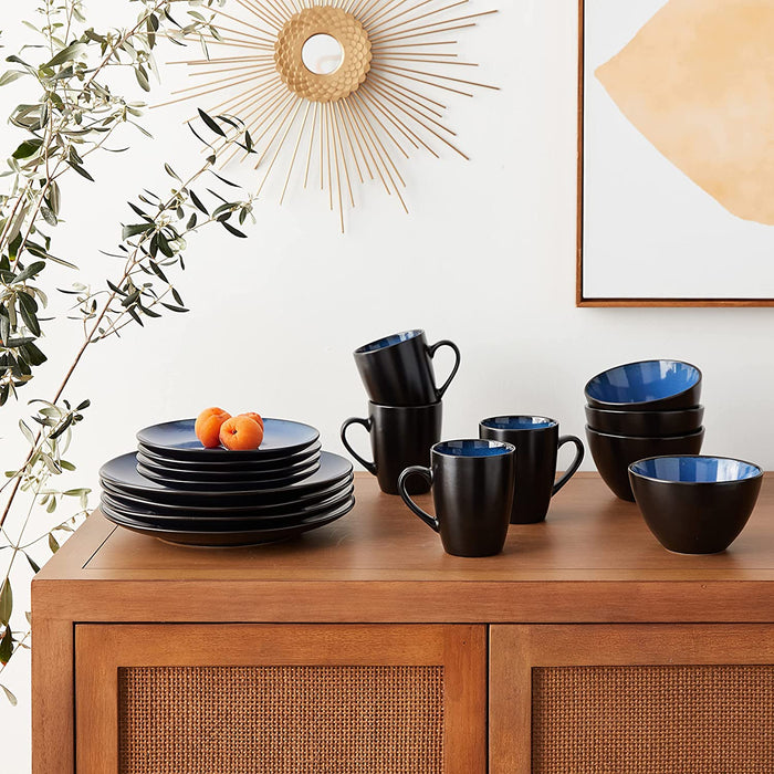 Gibson Soho Lounge round Reactive Glaze Stoneware Dinnerware Set, Service for 4 (16Pc), Blue, Soho Round.
