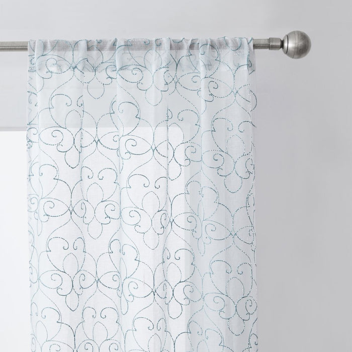 Mainstays Modern Scroll Aqua Rod Pocket Sheer Curtain Set, 28" X 95" (4 Panels)