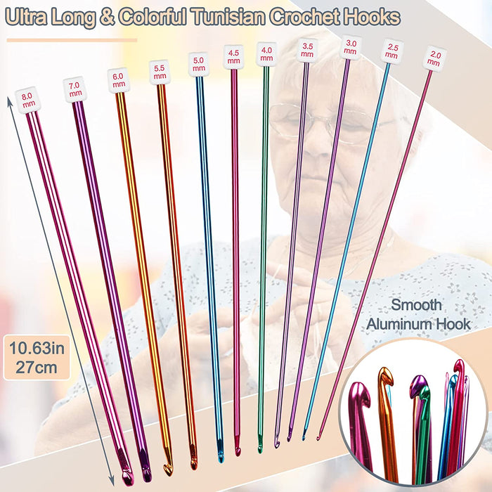 Long Crochet Hook Set, 11Pcs Tunisian Crochet Hooks Multicolor Afghan Crochet Needles for Crocheting, 2Mm(B)-8Mm(L), Great Knitting & Crochet Supplies Tool Set for Beginner, Crocheter & Knitter
