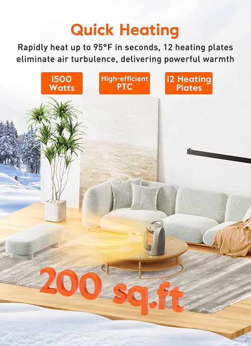 Portable Electric Space Heater with Thermostat, 1500W/750W Safe and Quiet Ceramic Heater Fan, Heat up 200 Square Feet for Office Room Desk Indoor Use, Silver