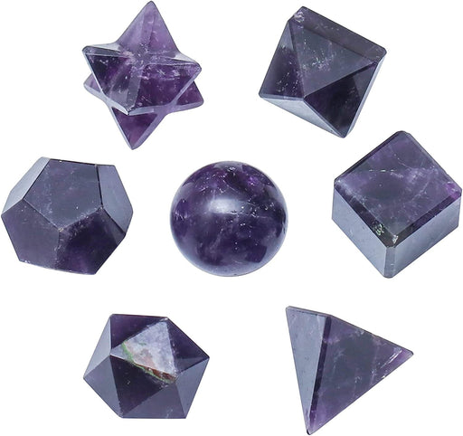 Amethyst 7 Pcs Platonic Sacred Stones Geometry Set for Chakra Stone Balancing Reiki Healing Spiritual Good Luck Home Office Decor Size: 15-20 Mm