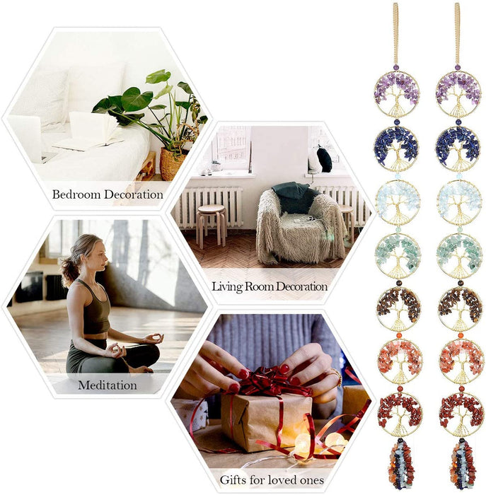 Natural 7 Chakra Stones Reiki Healing Crystals Tree of Life Hanging Ornament Tumbled Gemstones Tassels Home Decor Car Decoration Wall Hanging for Good Luck Yoga Meditation