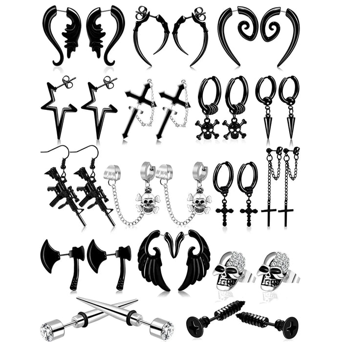16 Pairs Black Earrings for Men