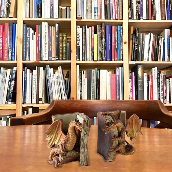 2PCS Funny Dragon Bookends Resin Dragon Statue Book Shelf Organizer Book Ends Figurines for Home Office Shelves Decor