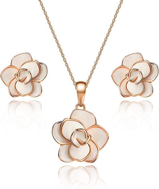 Rose Flower Necklace Earrings Set for Women 18K Gold Plated Hypoallergenic Jewelry Sets