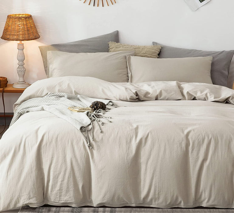 Bedding Duvet Cover Set 100% Washed Cotton Linen like Textured Breathable Durable Soft Comfy (Cream Grey, Queen)
