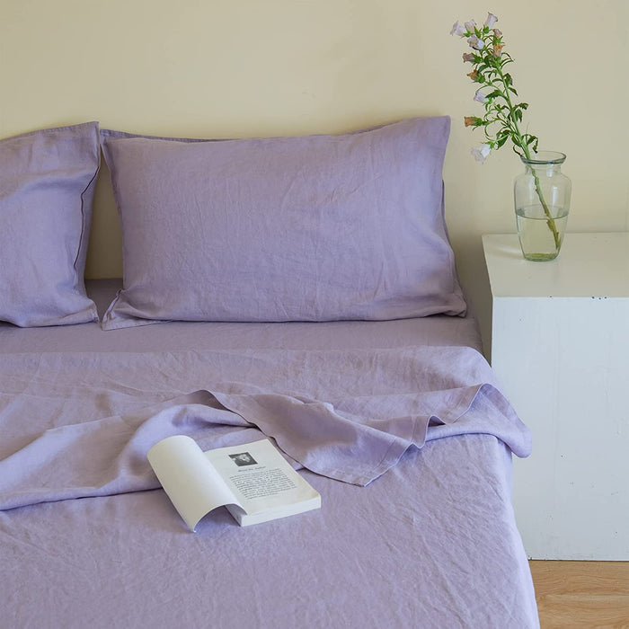 Simple&Opulence 100% Linen Sheet Set Solid Color-4 Pcs Washed French Linen Bed Sheets(1 Flat Sheet,1 Fitted Sheet,2 Pillowcases)-Breathable Bedding Set (Queen, Lilac)