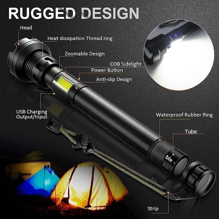 Led Rechargeable Tactical Flashlights 90000 High Lumens, Xhp90 Brightest Flashlight with Cob Sidelight, Powerful Emergency Flashlight with USB Output as Power Bank, Zoomable, Waterproof,7Mode