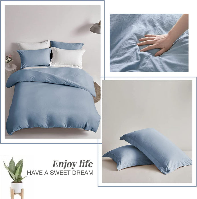 Duvet Cover Queen Size - Super Soft Haze Blue Duvet Cover Set 3 Piece 100% Washed Microfiber Bedding Set with Zipper Closure, 1 Duvet Cover 90X90 Inches and 2 Pillow Shams