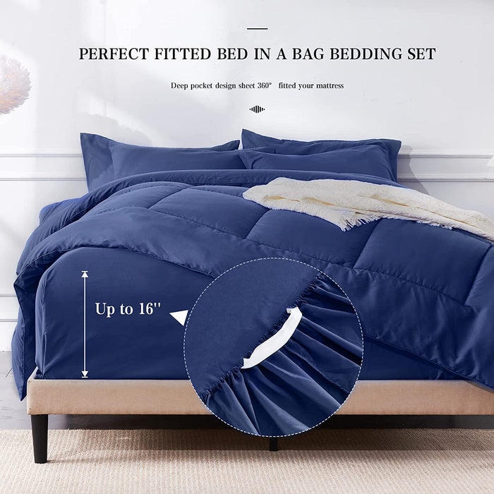 Full Size 7 Pieces Bed in a Bag Bedding Set - Lightweight Blue Comforter Set, All Season Ultra Soft down Alternative Bedding Comforter Set with Comforter, Pillowcase, Flat Sheet, Fitted Sheet