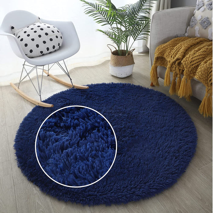 Fluffy Plush Modern Rugs for Bedroom Comfortable Soft Home Decor Shag Rug Cute Circle Carpet for Girly Boy Baby Room Dormitory Living Room Rug(4X4 Feet Navy Blue)