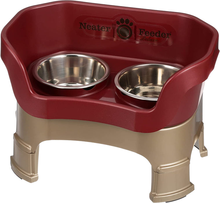 Neater Feeder Deluxe with Leg Extensions for Small Dogs - Mess Proof Pet Feeder with Stainless Steel Food & Water Bowls - Drip Proof, Non-Tip, and Non-Slip - Gunmetal Grey