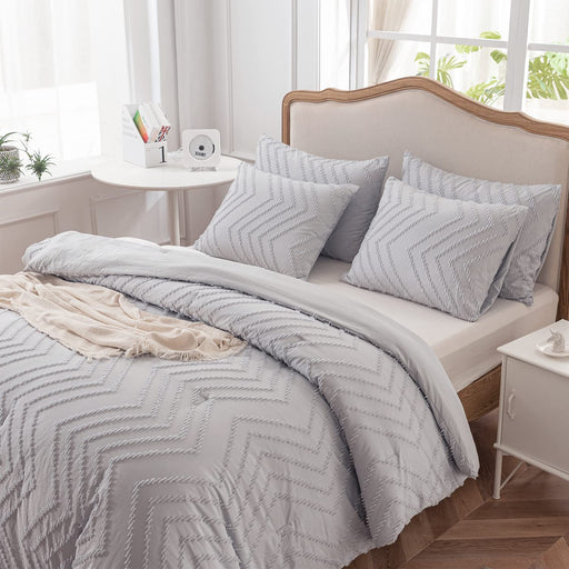 Bedding Comforter Set Queen, Bluish Grey Bedding Chevron Tufted Design, Boho Queen Size Comforter Lightweight and Fluffy,3 Pieces