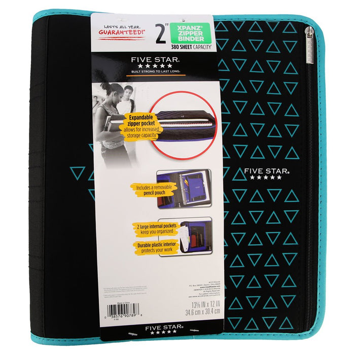 Five Star Xpanz 2" Zipper Binder, 380 Sheet, round Rings, Teal (28090HZ9)