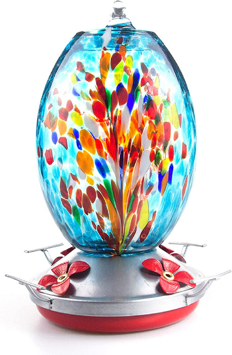 Hummingbird Feeder for Outdoors Hanging, Blown Glass Hummingbird Feeders, Unique Hummingbird Gifts for Women, Containing Ant Moat, 27 Ounces, Blue Fireworks