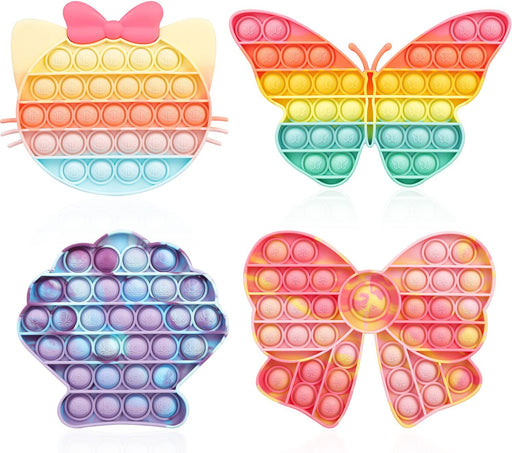 Girls Push Bubble Fidget Toys 4 Packs with Pop Sound, Pastel Rainbow Butterfly Pink Cute Kitten Cat Bow Blue Seashell Popper Autism Sensory Stress Reliever Toys for Toddlers Kids Car Travel