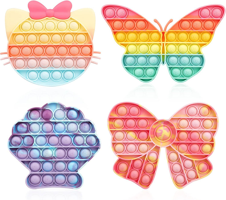 Girls Push Bubble Fidget Toys 4 Packs with Pop Sound, Pastel Rainbow Butterfly Pink Cute Kitten Cat Bow Blue Seashell Popper Autism Sensory Stress Reliever Toys for Toddlers Kids Car Travel
