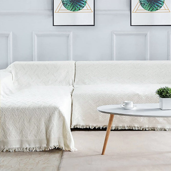 Cotton Geometrical Sofa Cover, Sectional Couch Covers for 2 Cushion Couch Couch Cover Living Room Throws Blankets Sofa Slipcovers, Furniture Protector for Pets (Medium, 71" X 91", White)