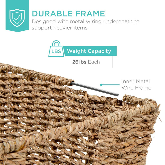 Set of 4 Multipurpose Stackable Seagrass Storage Laundry Organizer Baskets W/ Handles - Natural