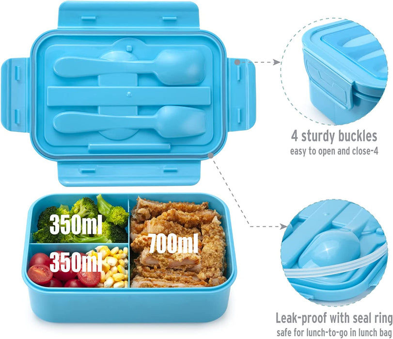 Bento Lunch Box - Leak-Proof 3 Compartment Lunch Containers for Adults and Kids Bpa-Free and Dishwasher Safe Bento Box with Spoon, Fork & Knife(Light Blue)