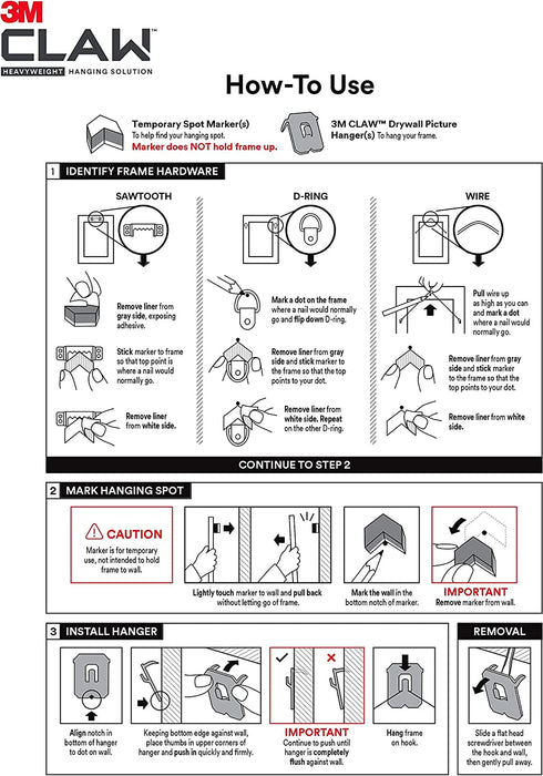CLAW 3PH45M-4ESF Drywall Picture Temporary Spot, Holds 45 Lbs, 4 Hangers, 4 Markers/Pack, 4 Pack, Silver