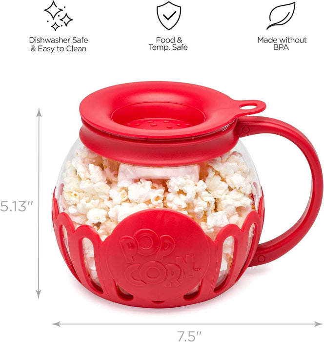 Patented Micro-Pop Microwave Popcorn Popper with Temperature Safe Glass, 3-In-1 Lid Measures Kernels and Melts Butter, Made without BPA, Dishwasher Safe, 1.5-Quart, Red