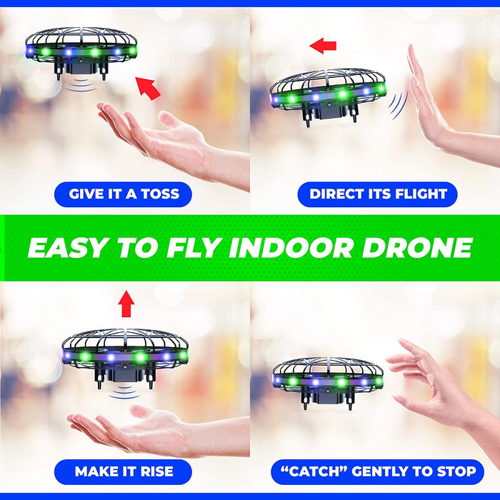 Scoot LED Hand Operated Drone for Kids or Adults - Hands Free Motion Sensor Mini Drone, Easy Indoor Small UFO Toy Flying Ball Drone Toy for Boys and Girls (Green/Blue)