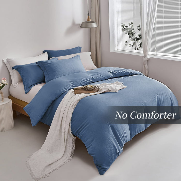 Super Soft Duvet Cover - 100% Washed Microfiber Light Denim Comforter Cover Set 3 Pieces Queen Size Bedding Set with Zipper Closure & Corner Ties