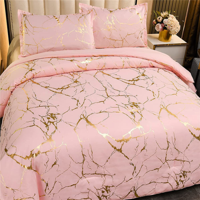 Gold Metallic Marble Comforter Set Queen Size Foil Print Glittering Bedding Sets, Blush/Gold, Queen