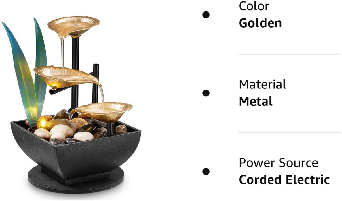 Tabletop Fountain Desktop 3-Tier Indoor Golden Lotus Leaf Relaxation Fountains Waterfall, Office Home Decor Including Lots of Natural River Rocks and Warm Yellow Scene Light, AM-MR2005